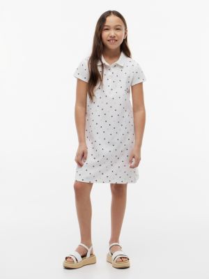 Kids' Allover Floral Print Polo Dress, Optic White