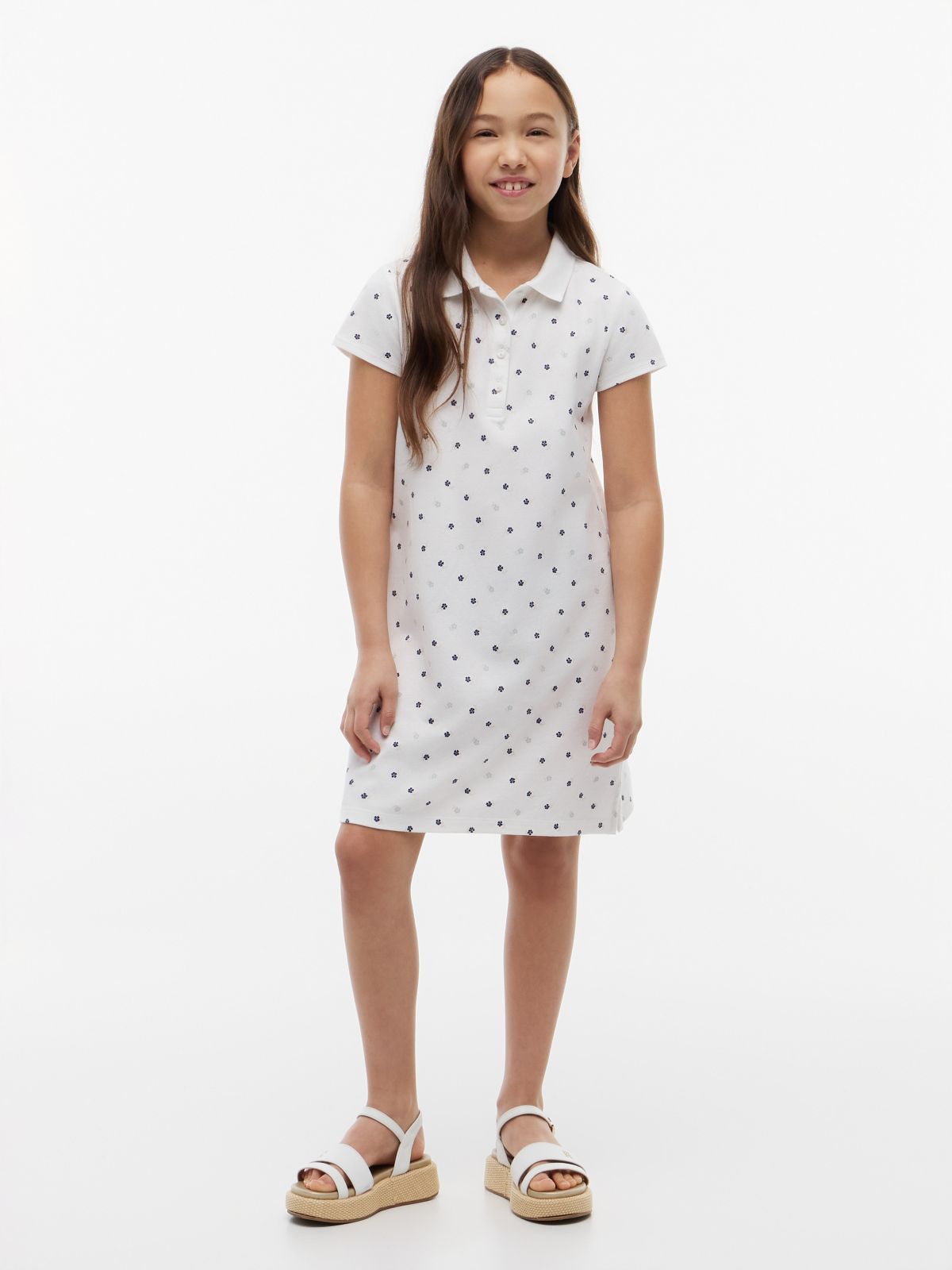 Kids' Allover Floral Print Polo Dress — Optic White