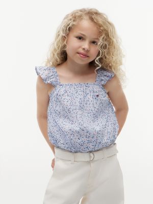 Kids' Floral Print Flutter-Trim Top, Sweet Blue