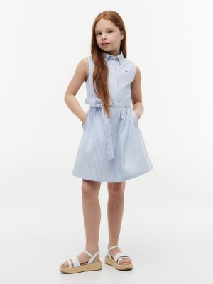 Kids' Sleeveless Belted Shirtdress, Powdery Blue