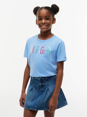 Kids' Sequin Hilfiger Logo T-Shirt, Light Iris Blue