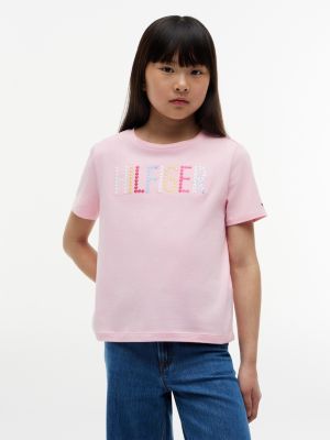 Kids' Sequin Hilfiger Logo T-Shirt, Pink Sugar