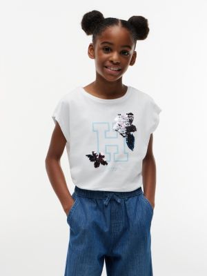 Kids' Flip Sequin Floral Logo T-Shirt, Optic White