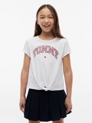 Kids' Gingham Logo Tie-Front T-Shirt, Optic White