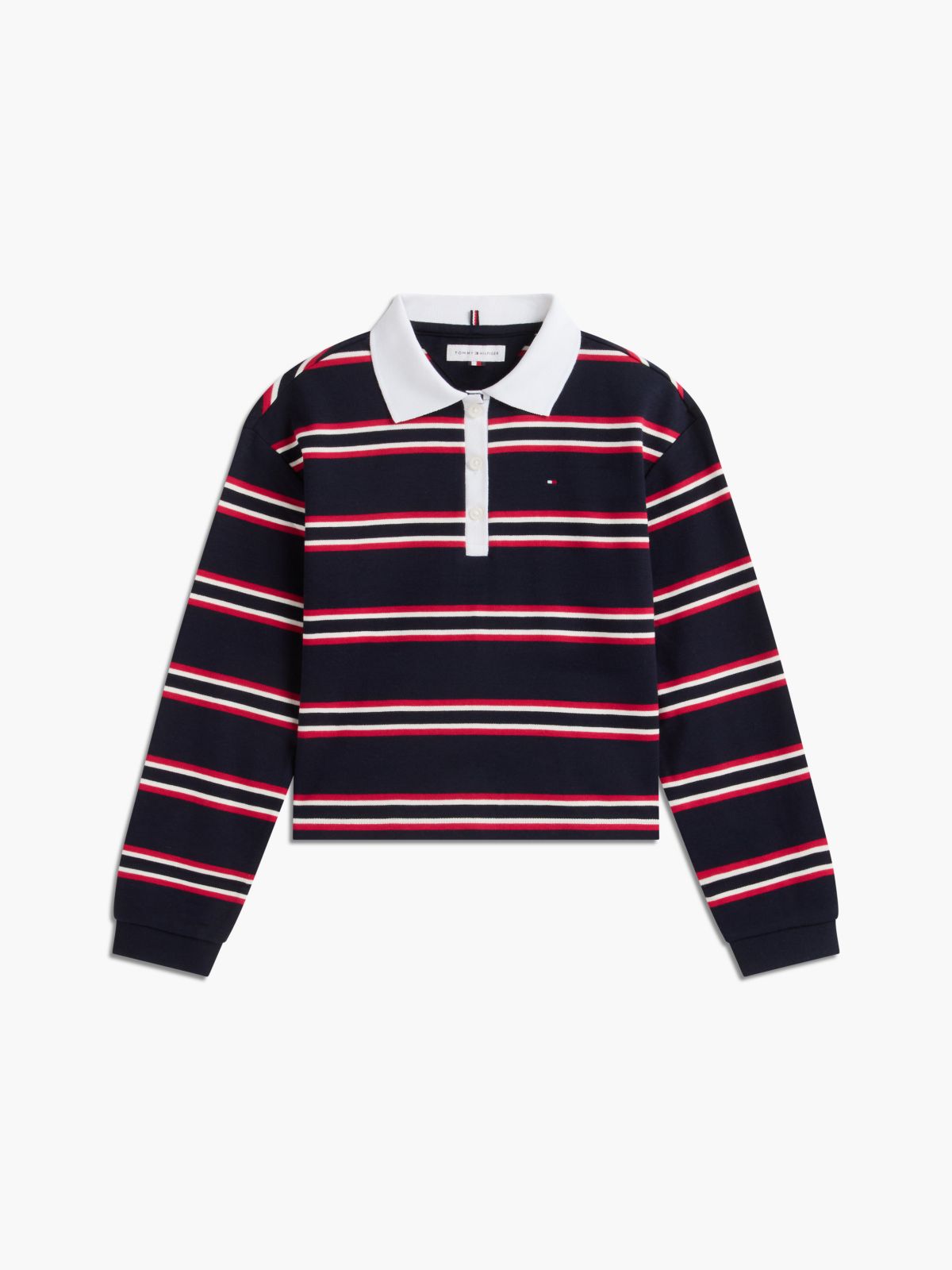 Kids' Striped Long-Sleeve Interlock Polo — Navy Blue Multi
