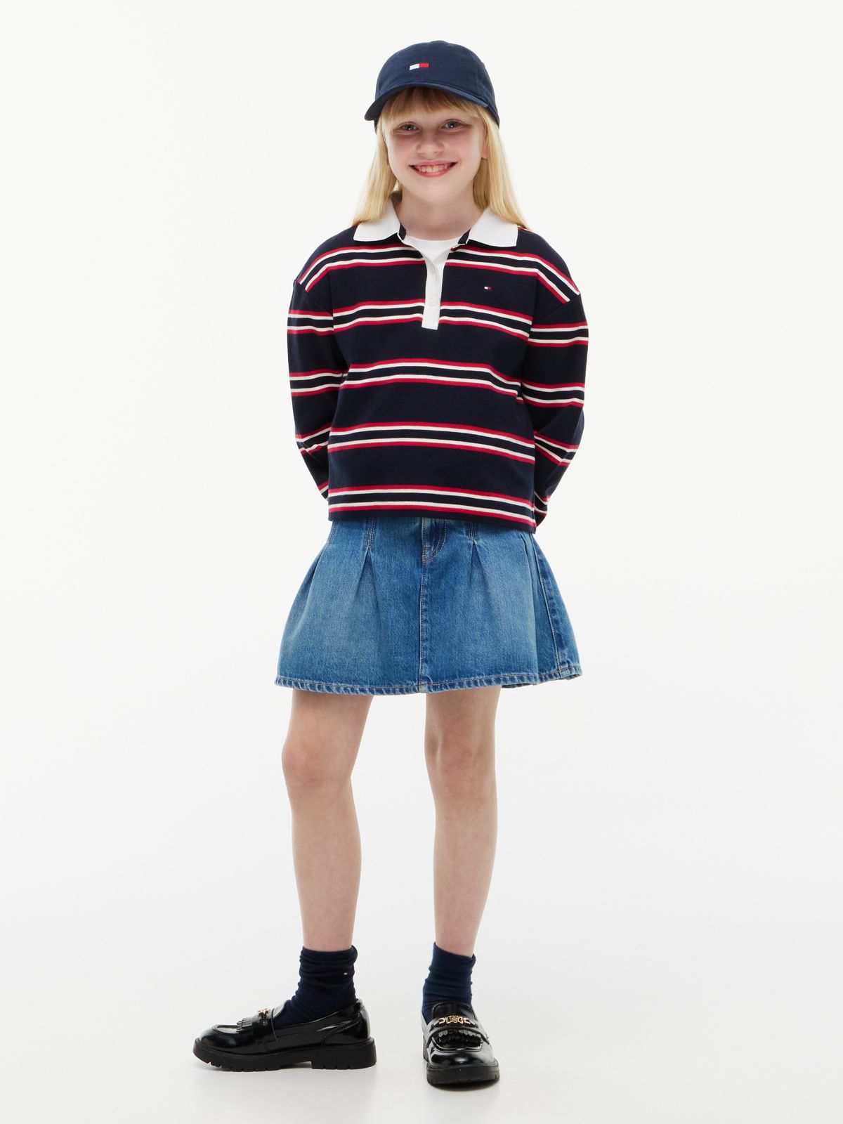 Kids' Striped Long-Sleeve Interlock Polo — Navy Blue Multi
