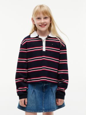 Kids' Striped Long-Sleeve Interlock Polo, Navy Blue Multi