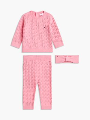 Babies' Cable Knit 3-Piece Gift Set, Jasmine Pink