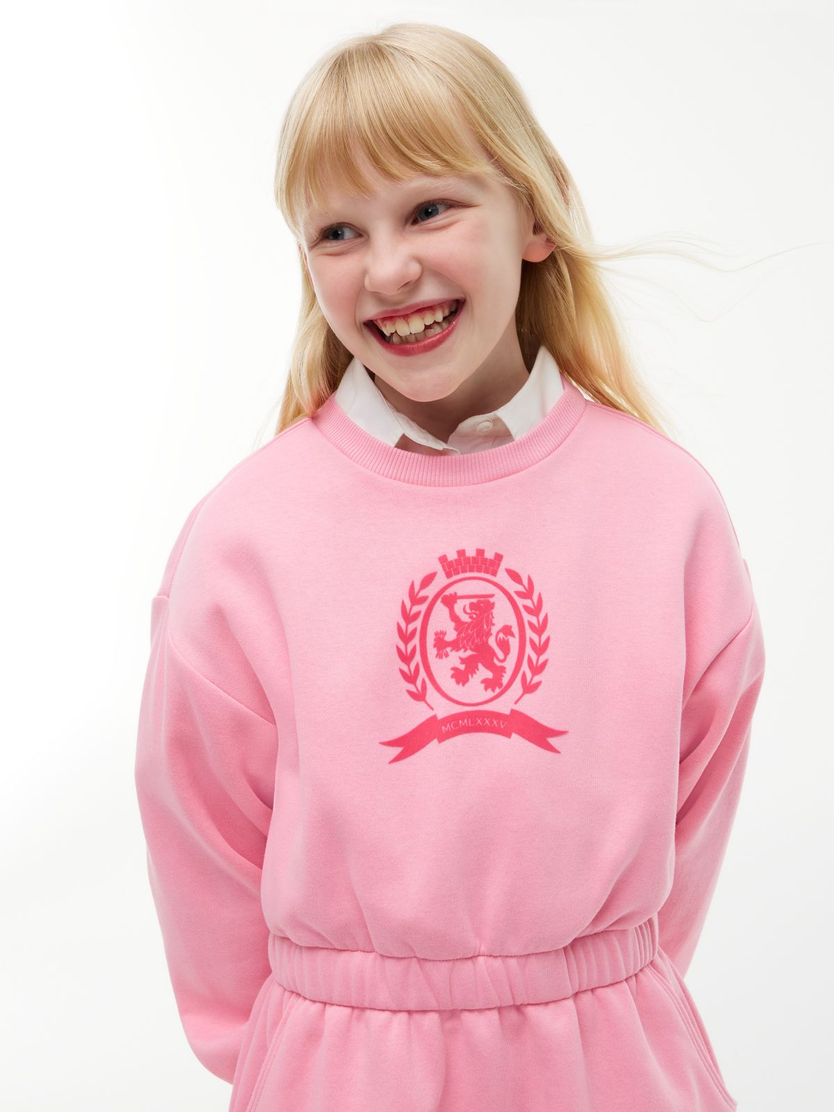 Kids' Tonal Crest Logo Sweatshirt Dress — Jasmine Pink