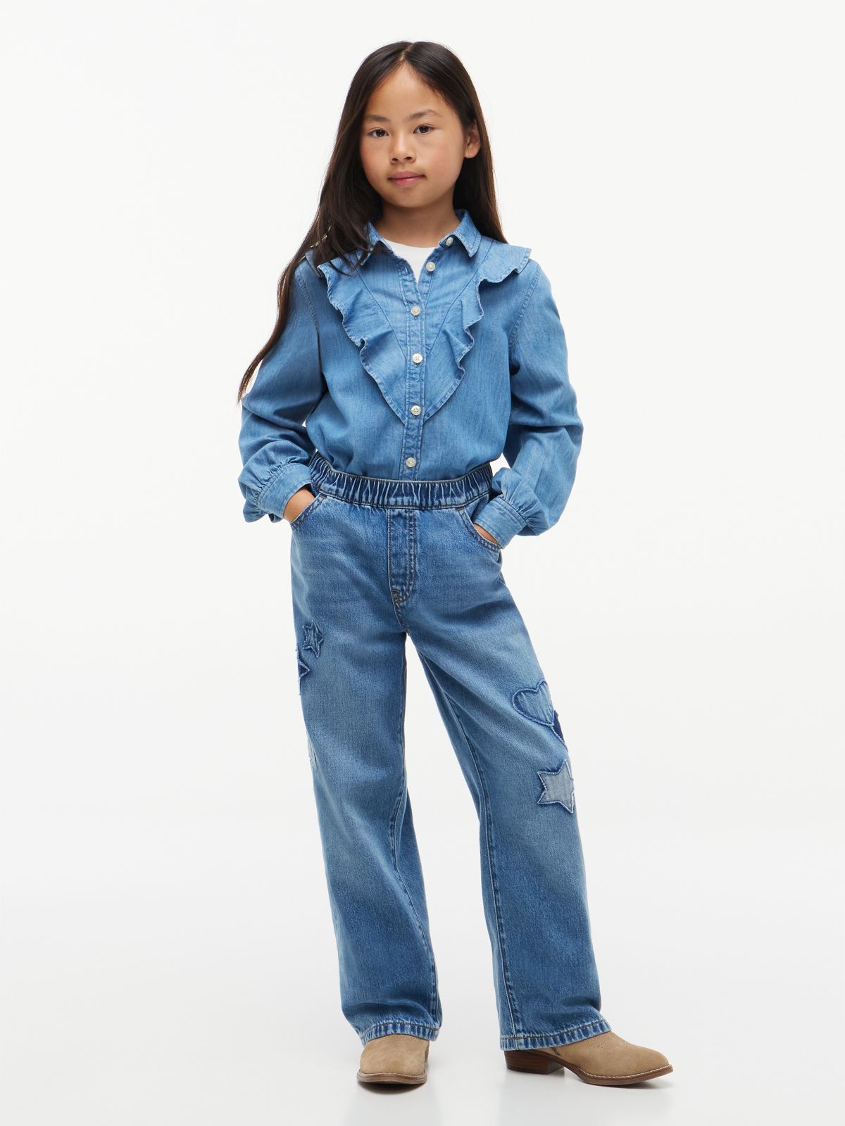 Kids' Denim Ruffle Blouse — Med Wash