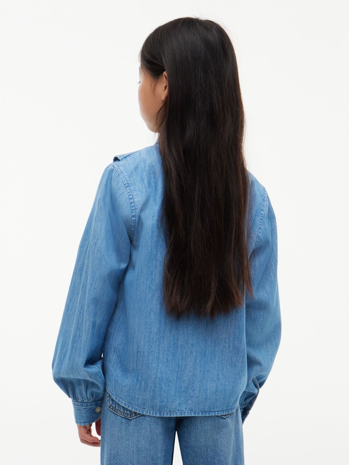 Kids' Denim Ruffle Blouse — Med Wash