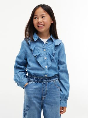 Kids' Denim Ruffle Blouse, Med Wash