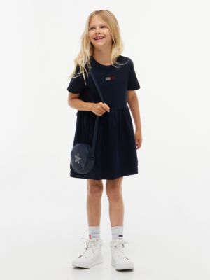Kids' Rhinestone Flag Interlock Dress, Navy Blue
