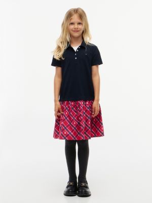 Kids' Mixed Media Stretch Polo Dress, Navy Blue