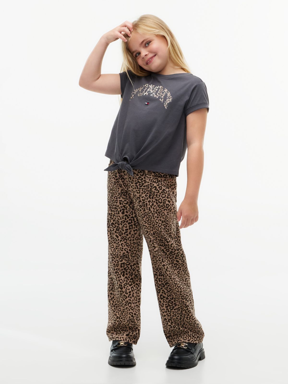 Kids' Leopard Logo Front-Tie T-Shirt — Charcoal / Leopard