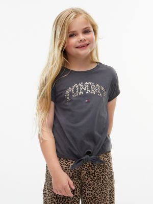 Kids' Leopard Logo Front-Tie T-Shirt, Charcoal / Leopard
