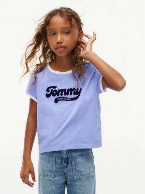 Kids' Flocked Tommy Logo Ringer T-Shirt, Vintage Iris