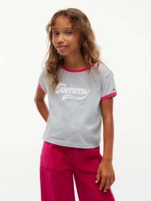 Kids' Flocked Tommy Logo Ringer T-Shirt, Light Heather Grey