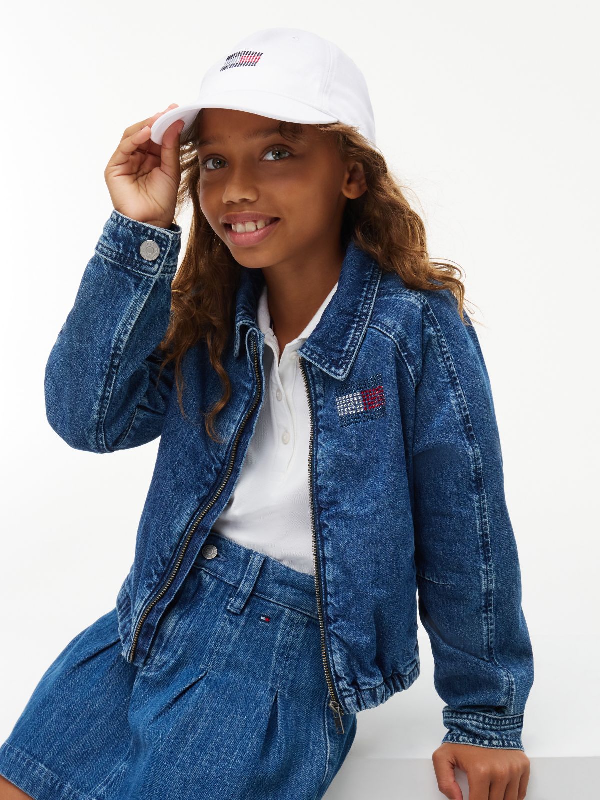 Kids' Rhinestone Flag Logo Baseball Cap — Optic White
