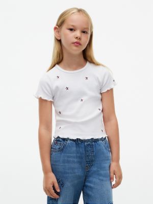 Kids' Star Logo Ribbed Lettuce-Trim Top, White