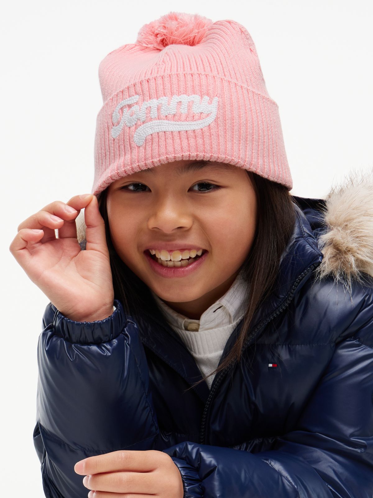 Kids' Embroidered Tommy Logo Pom Beanie — Iced Rose