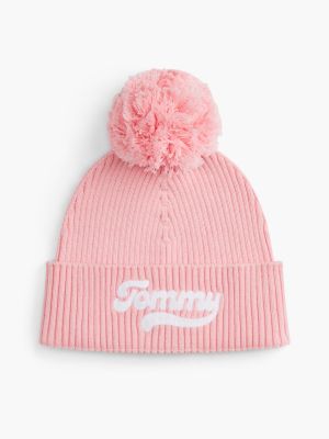Kids' Embroidered Tommy Logo Pom Beanie, Iced Rose