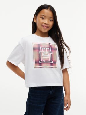 Kids' Plaid Monogram Logo T-Shirt, Optic White
