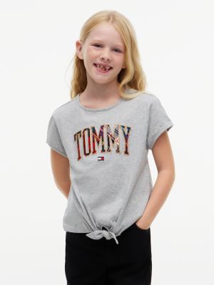 Kids' Plaid Tommy Logo Tie-Front T-Shirt, Light Grey Heather