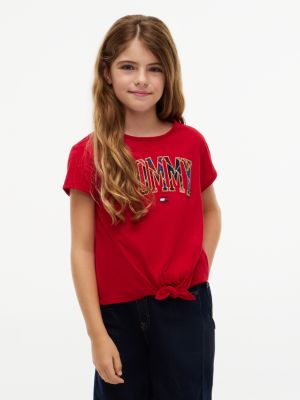 Tommy Hilfiger Girls' Kids' Plaid Tommy Logo Tie-Front T-Shirt - Red - XXS