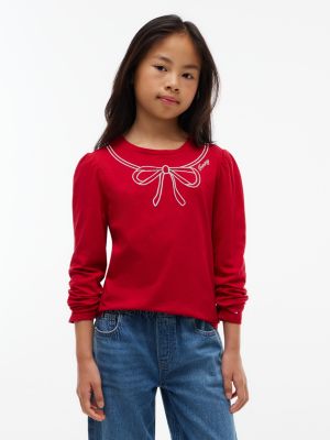 Kids' Bow Motif Puff-Sleeve T-Shirt, Red