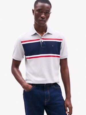 Slim Fit Block Stripe Polo, Light Grey Heather