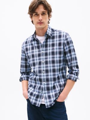 Regular Fit Plaid Stretch Poplin Shirt, Navy