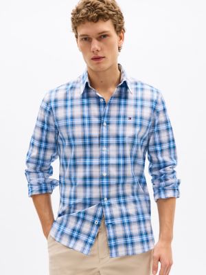 Regular Fit Plaid Stretch Poplin Shirt, Optic White