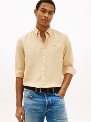 Regular Fit Dyed Cotton-Linen Shirt, Yellow Stone