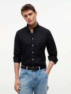 Regular Fit Dyed Cotton-Linen Shirt, Black