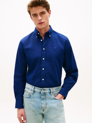 Regular Fit Dyed Cotton-Linen Shirt, Preppy Navy