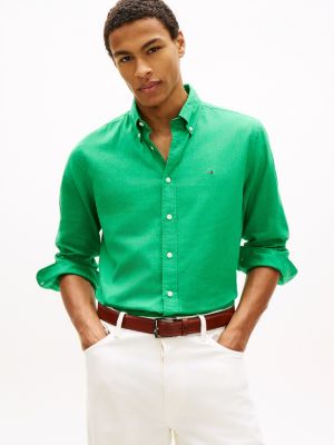 Regular Fit Dyed Cotton-Linen Shirt, Vivid Clover