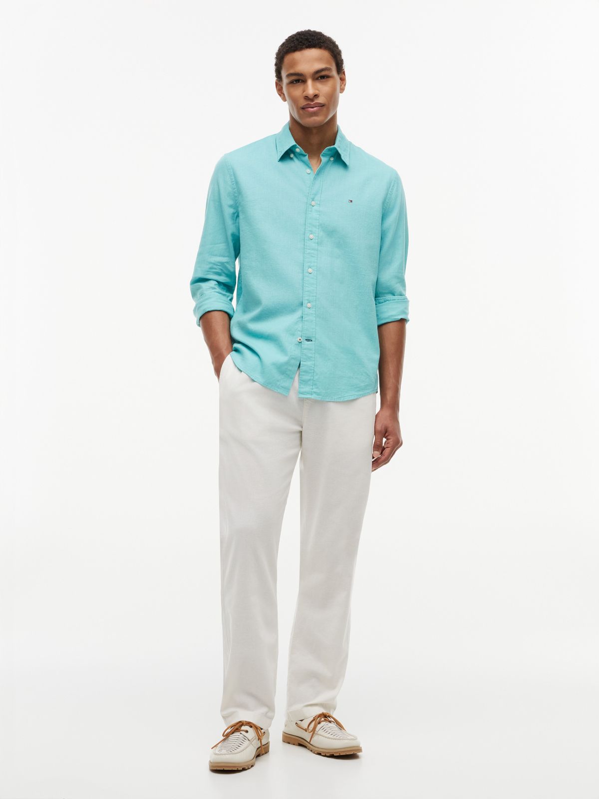 Regular Fit Linen-Blend Shirt — Ocean Tide