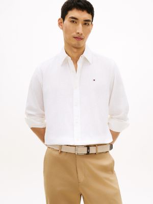 Regular Fit Dyed Cotton-Linen Shirt, Optic White