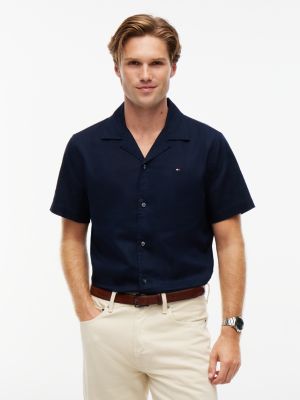 Tommy Hilfiger Men's Regular Fit Cotton-Linen Camp Shirt - Navy Blue - M