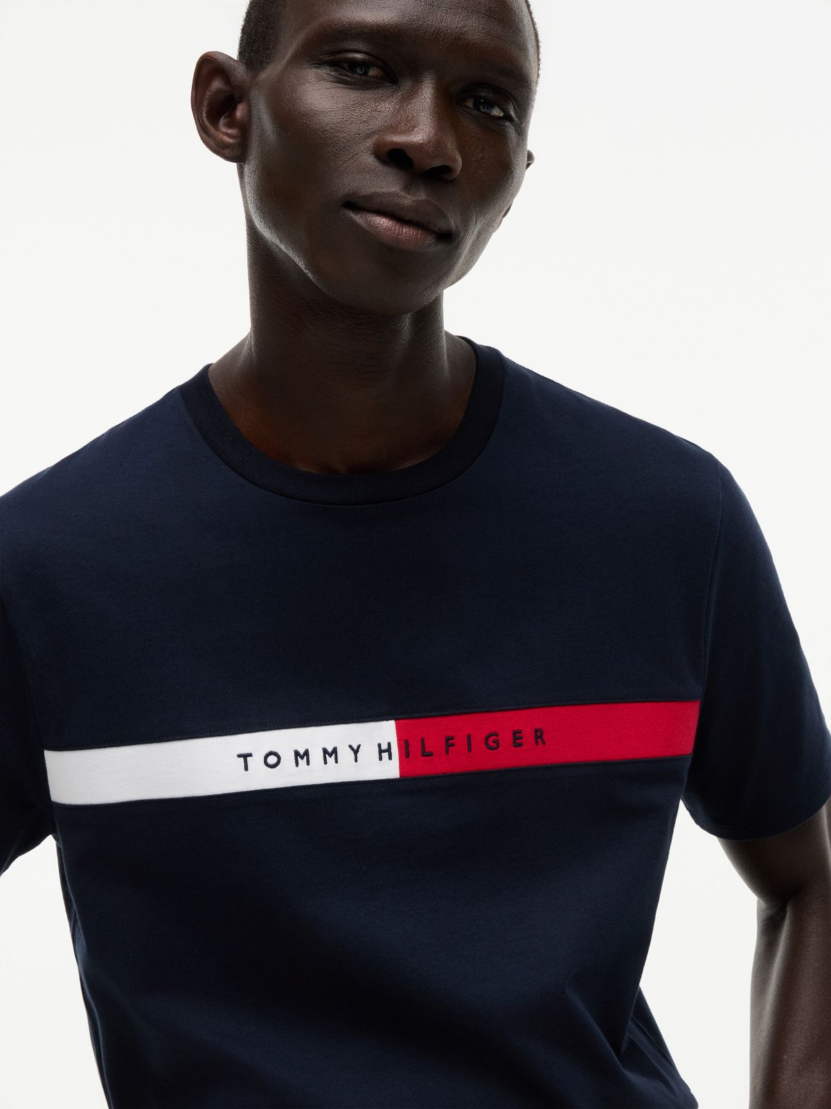 Colorblock Flag Stripe Logo T-Shirt — Navy Blue