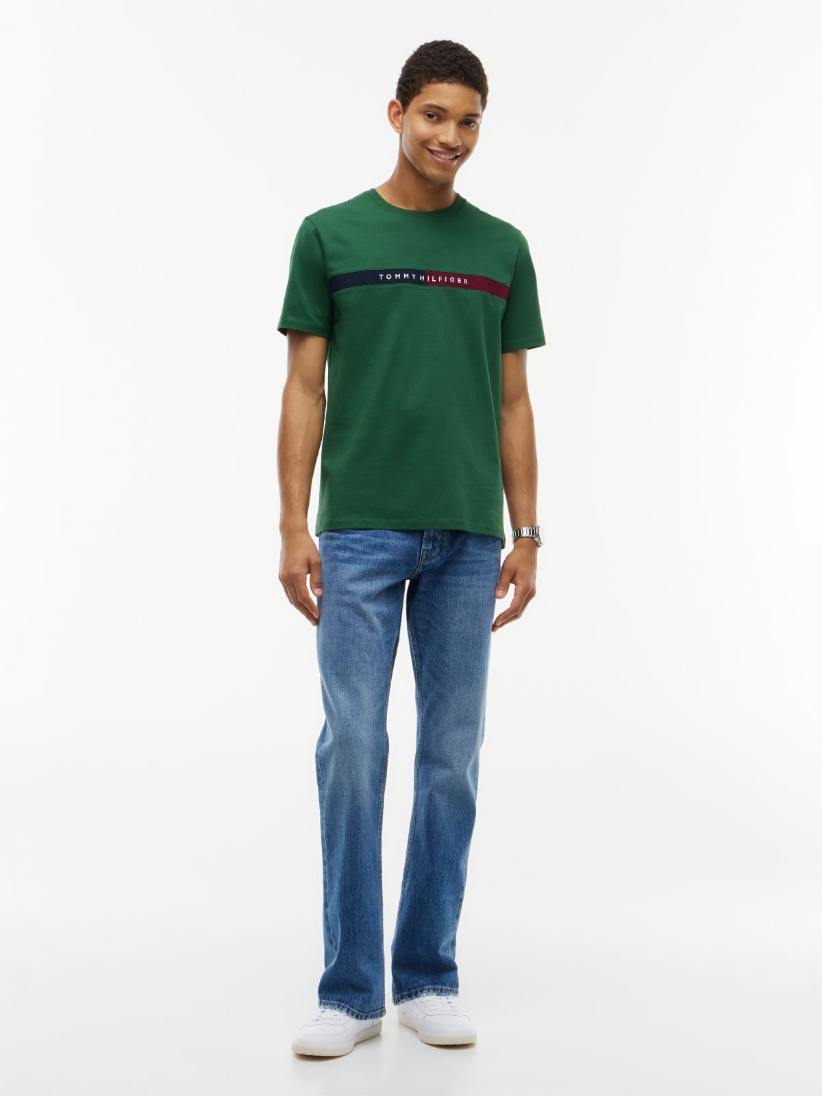 Colorblock Flag Stripe Logo T-Shirt — Deep Evergreen