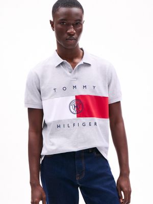 Regular Fit Flag Stripe Polo, Light Grey