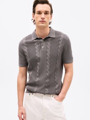 Cable Knit Polo Sweater, Shady Stone