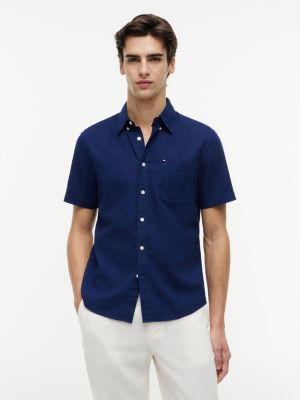 Regular Fit Dyed Cotton-Linen Shirt, Navy