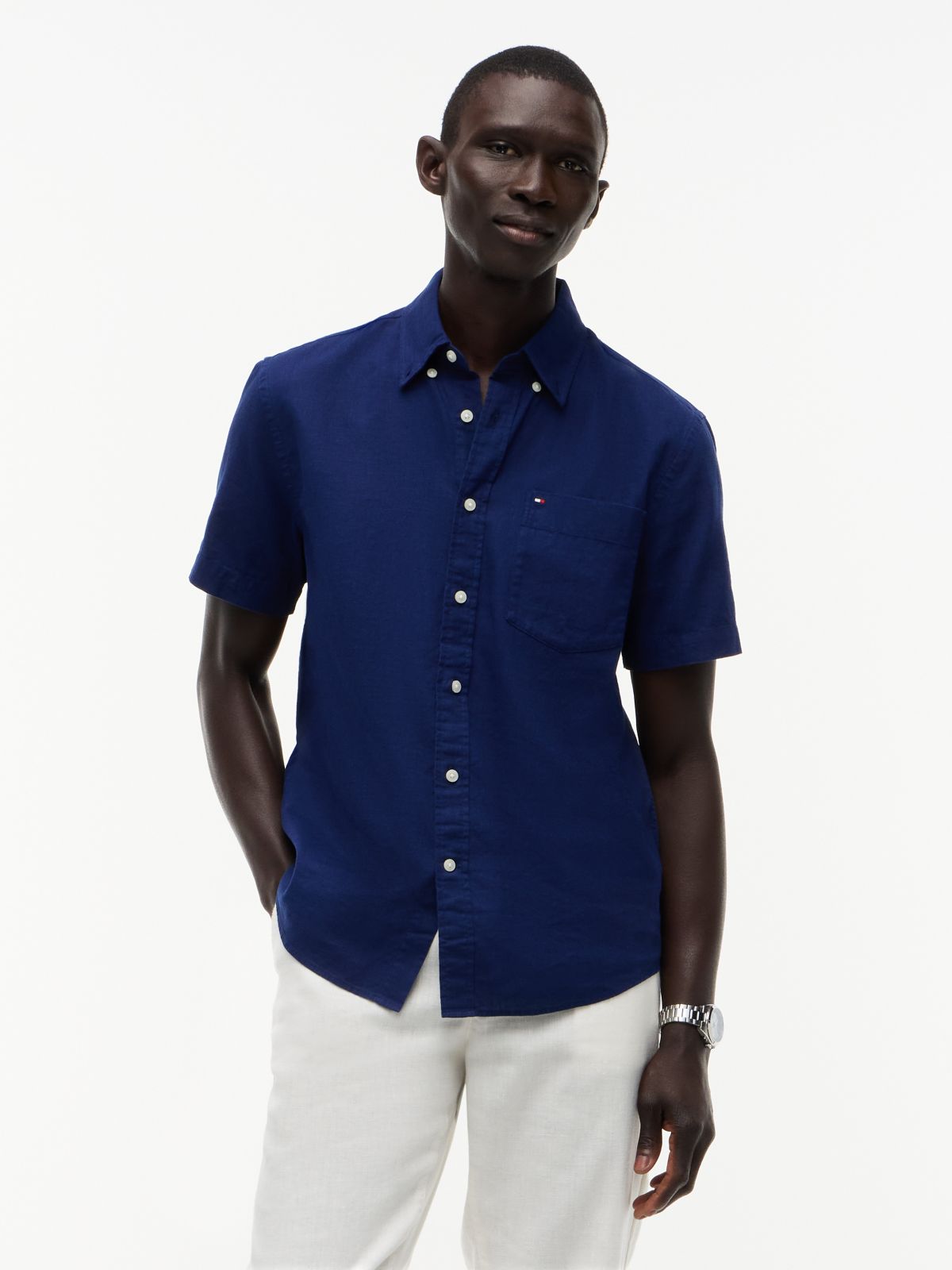 Regular Fit Short-Sleeve Linen-Blend Shirt — Navy