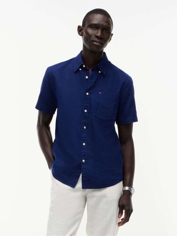Regular Fit Short-Sleeve Linen-Blend Shirt — Navy