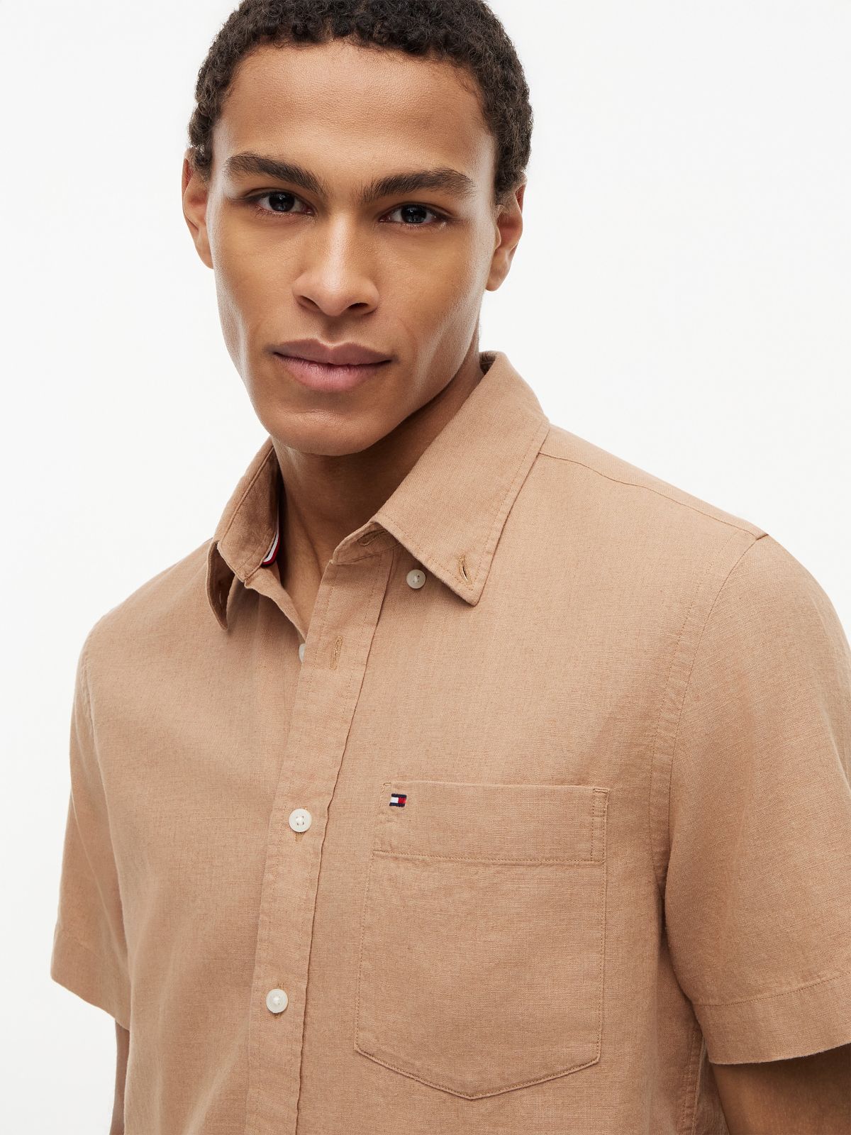 Regular Fit Short-Sleeve Linen-Blend Shirt — Iconic Camel