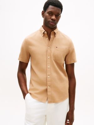 Regular Fit Dyed Cotton-Linen Shirt, Iconic Camel