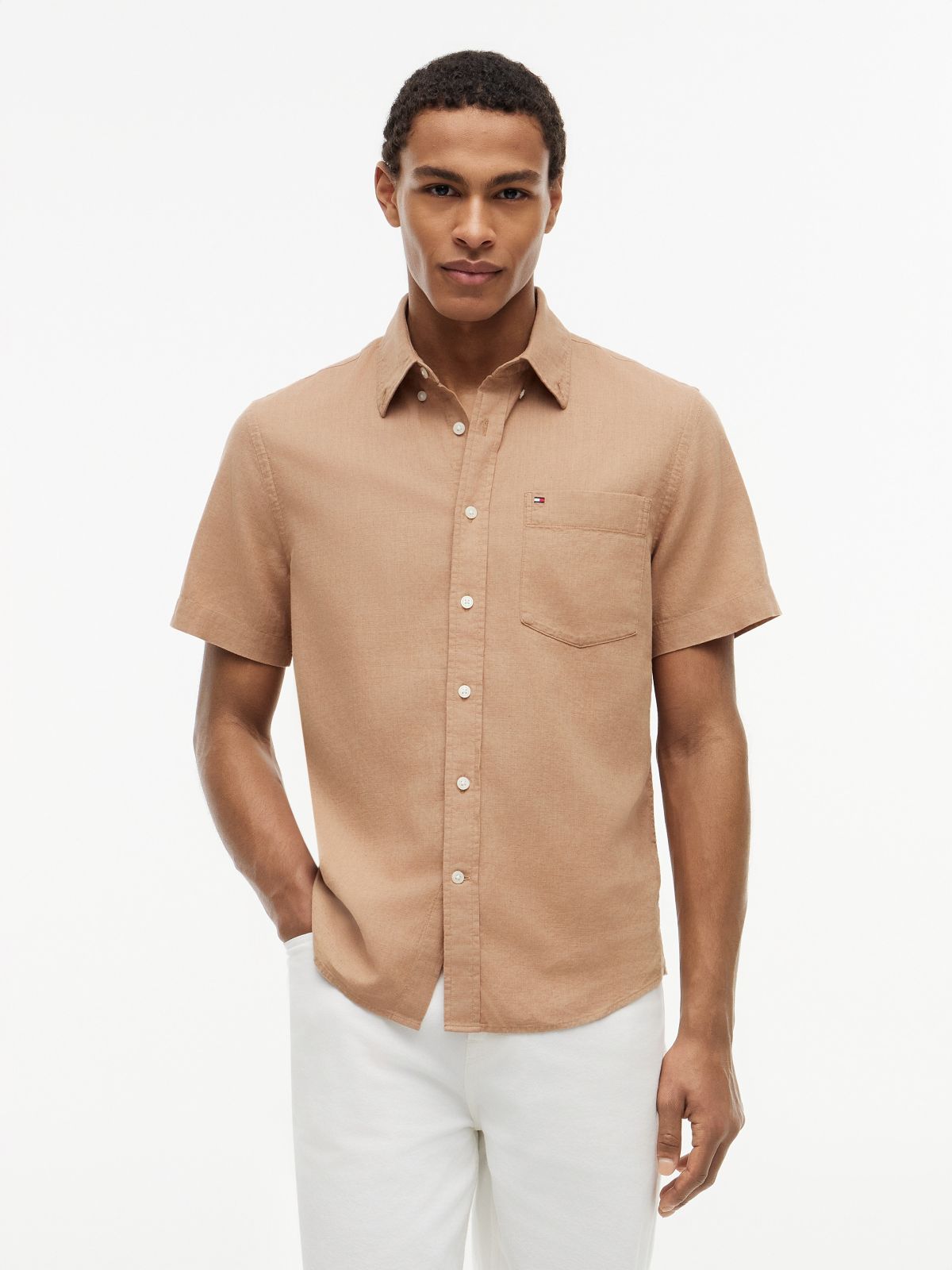 Regular Fit Short-Sleeve Linen-Blend Shirt — Iconic Camel